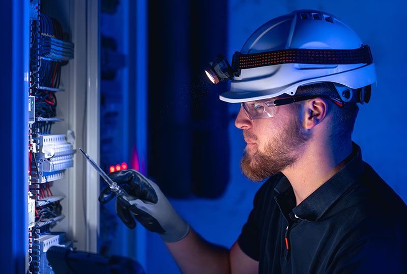un tecnico al lavoro su pannello di controllo telecomunicazioni